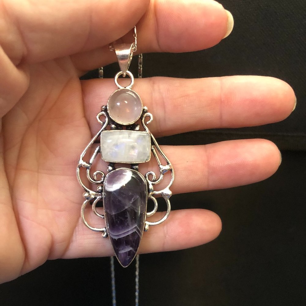 Banded Amethyst + Rainbow Moonstone Gemstone 925 Stamped Silver Necklace.